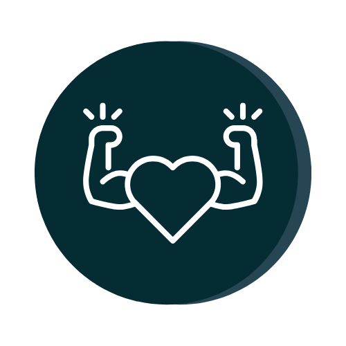 A heart with muscular arms flexing inside a dark circle.