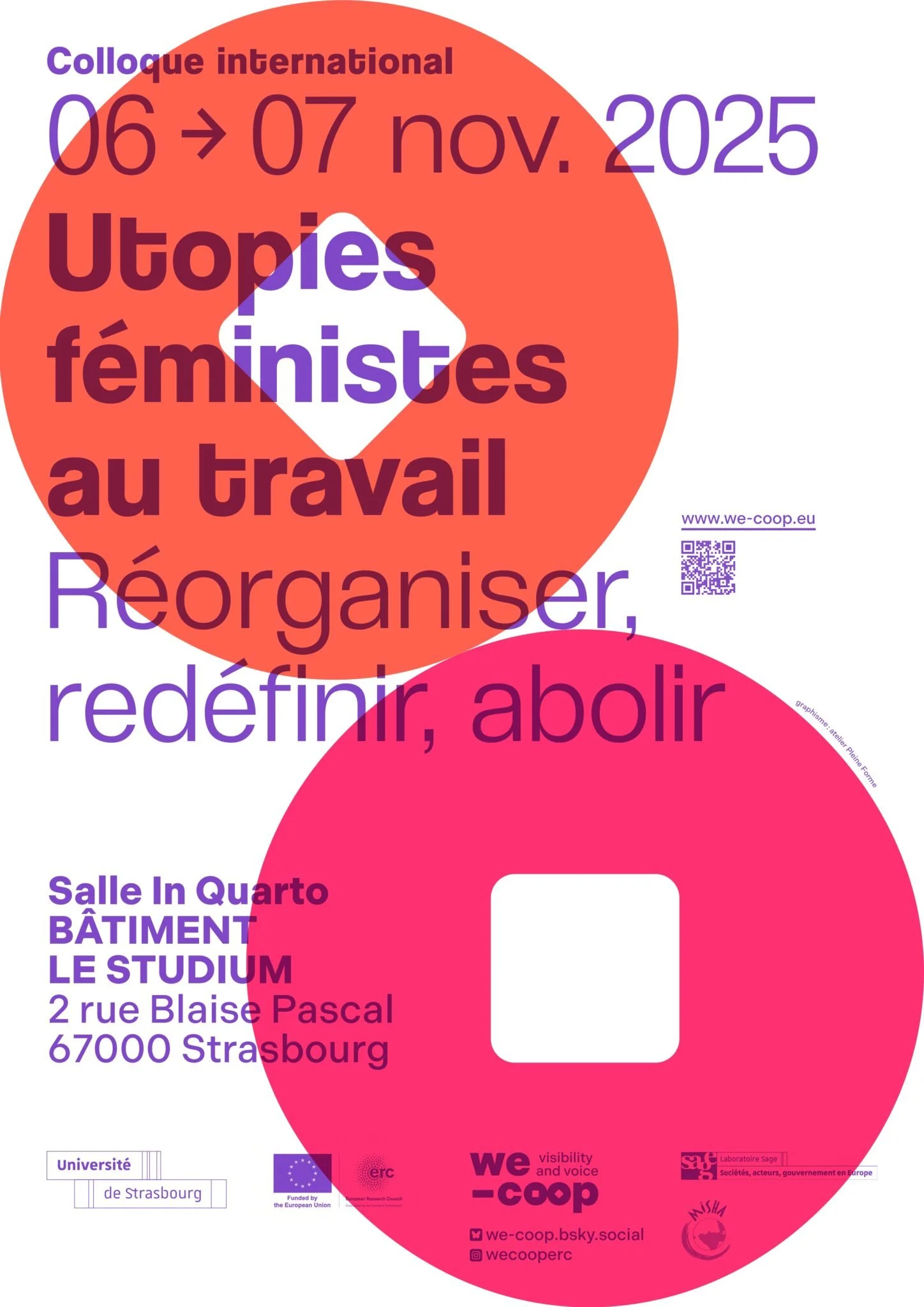 Event poster for an international conference titled "Utopies féministes au travail," scheduled for November 6-7, 2025, at the University of Strasbourg, France, with details about the venue, date, and organizers.