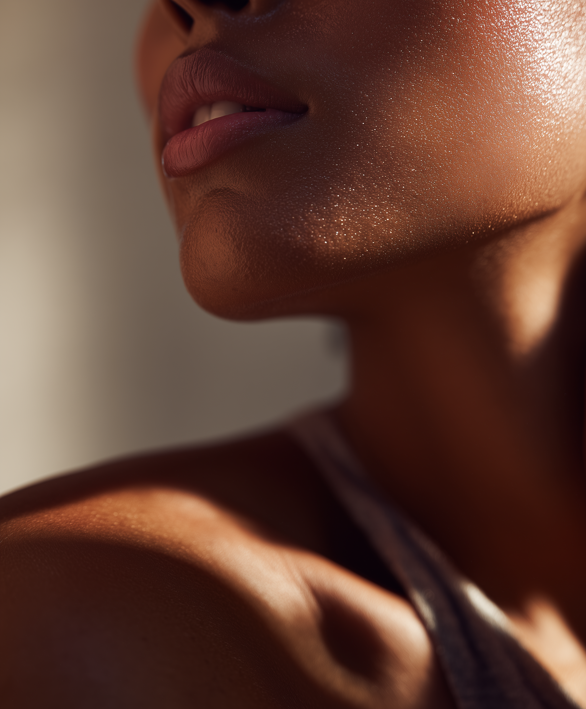Close-up of a woman's lips, chin, and shoulder, with natural lighting and a soft background. jawline, sculptra , botox, mini toe, hydrafacial , nurse injector