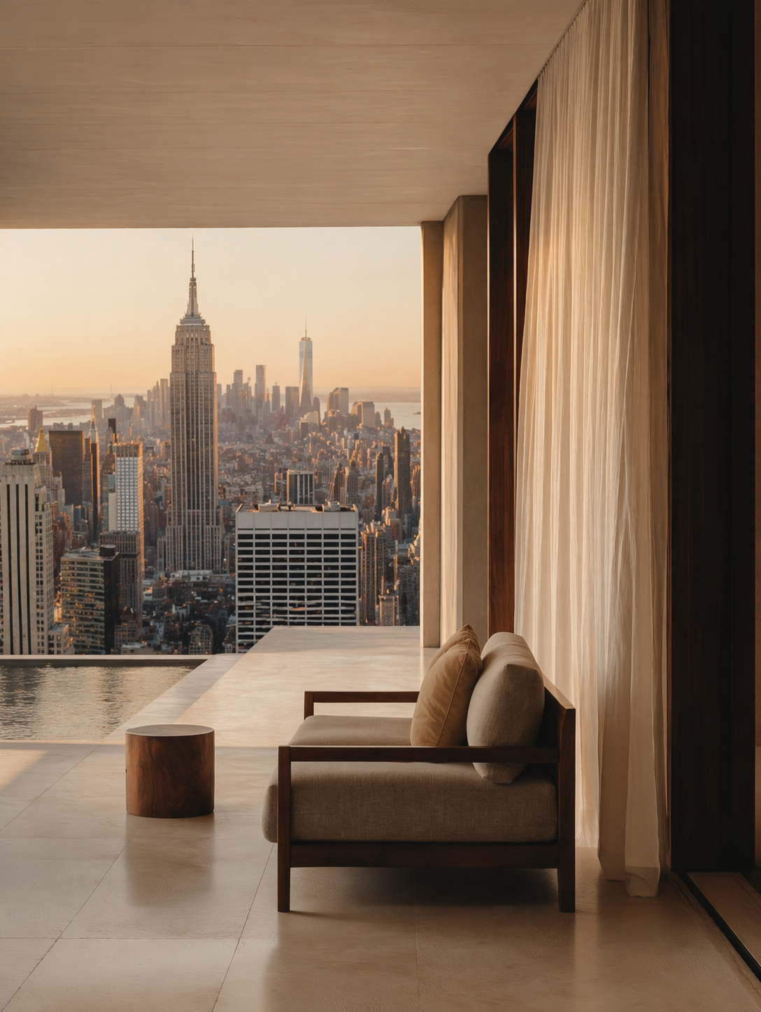 Luxury living room with a view of New York City skyline