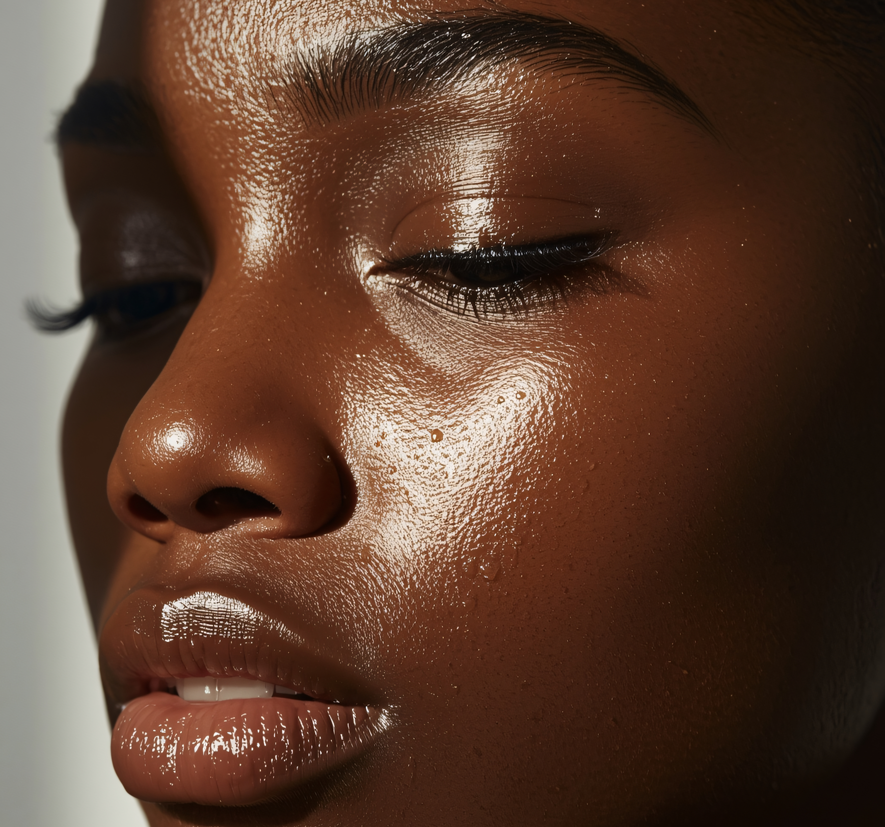 Close-up of a woman with dewy, glowing skin, closed eyes, and neatly groomed eyebrows. plum, firm, radiant skin, anti aging,