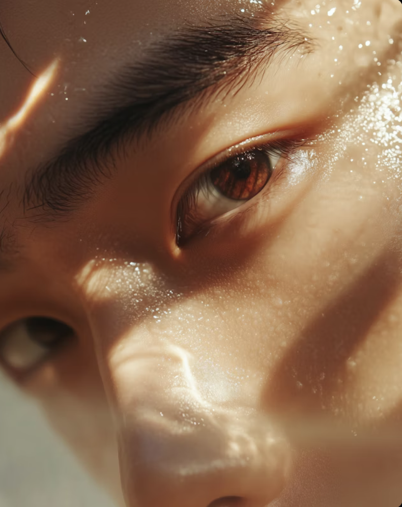 Close-up of a person's face, showing their eye, eyebrow, and part of their nose with sunlight reflecting on their skin. interracial, asian, African, European, greek, faith based, ethical green, halal products and treatments