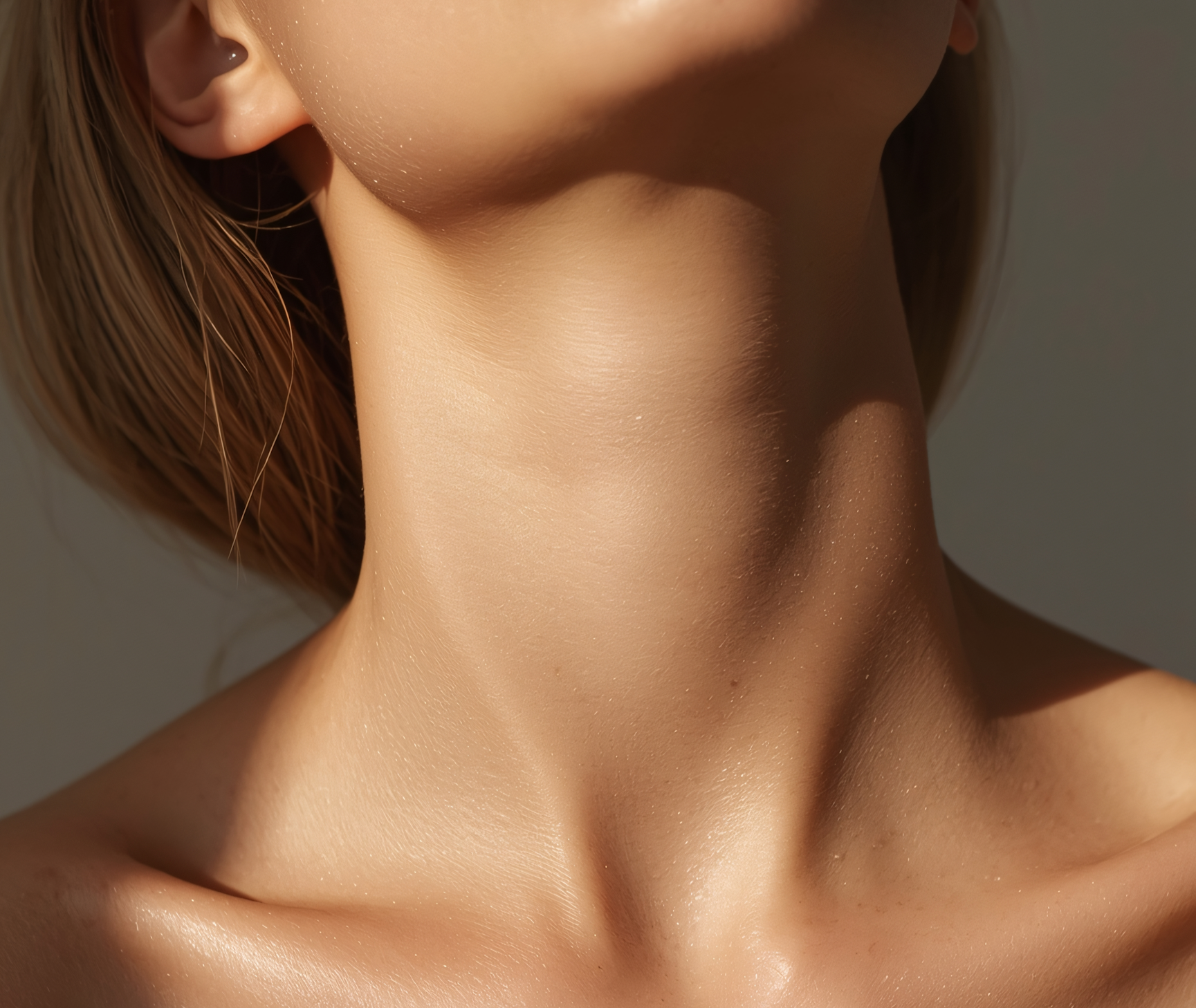 Close-up of a woman's neck, shoulder, and lower face with smooth, tan skin, and short, red hair visible on the left side.support, relieved, enhanced, evolved, refine optimized wellness