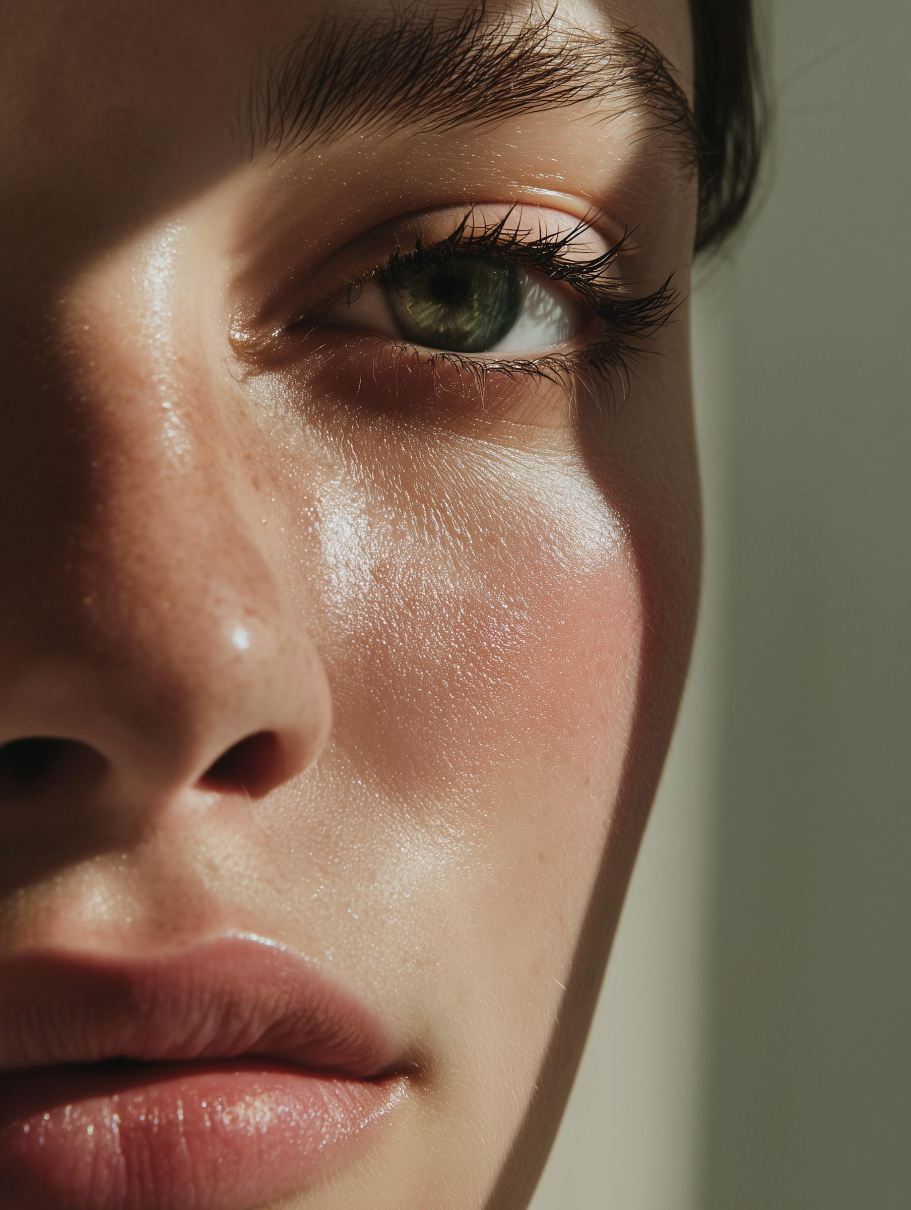 Close-up of a person's face showing one eye, part of the nose, and lips, with detailed skin texture and natural lighting. lasers, peeling, chemical peel, pleasure, peace, elevated, procedure