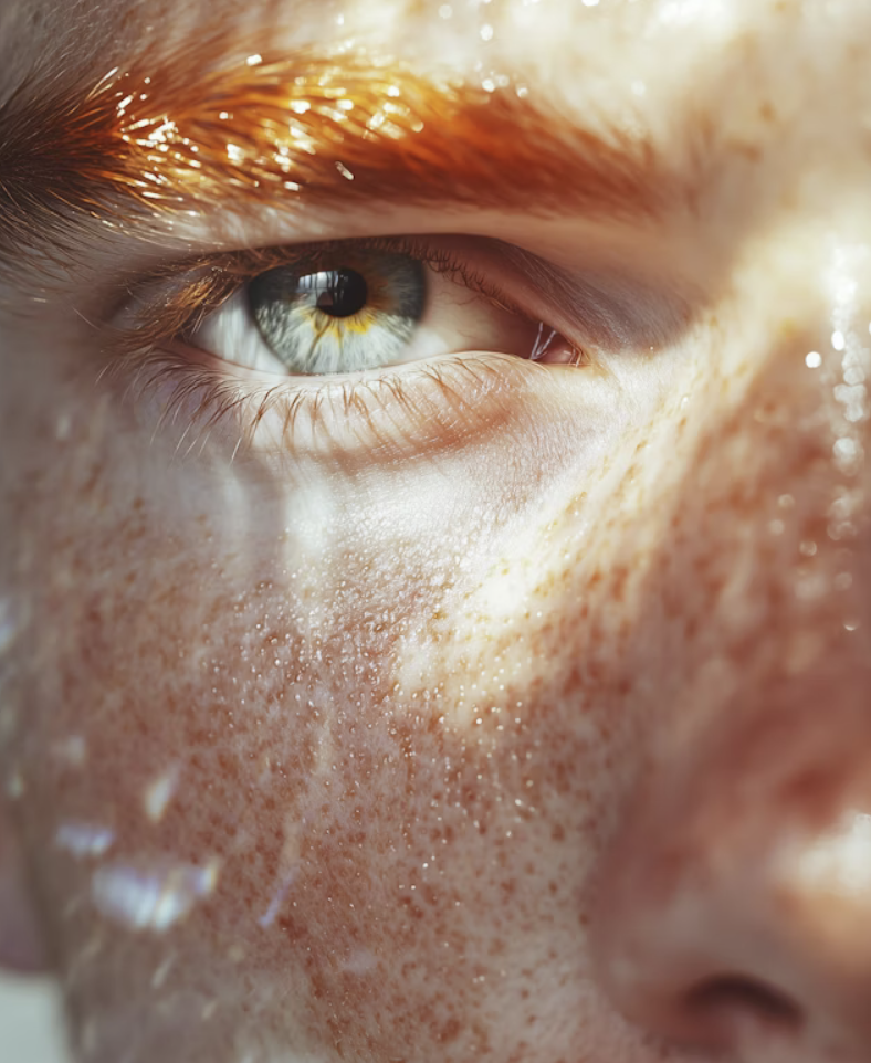 Close-up of a person's eye and surrounding facial skin, showing freckles and light makeup. unique needs, goals, rare condition