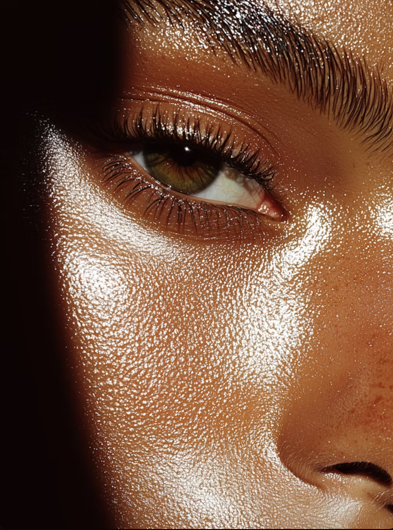 Close-up of a person's face with shiny, dewy skin emphasizing the eye, eyebrow, and nose. foxy eyes, bbl, lip flip
