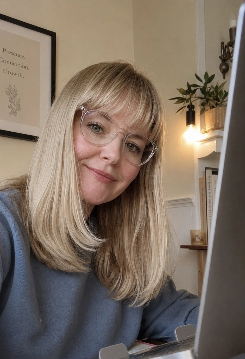 Therapist sitting in front of the laptop, smiling genty