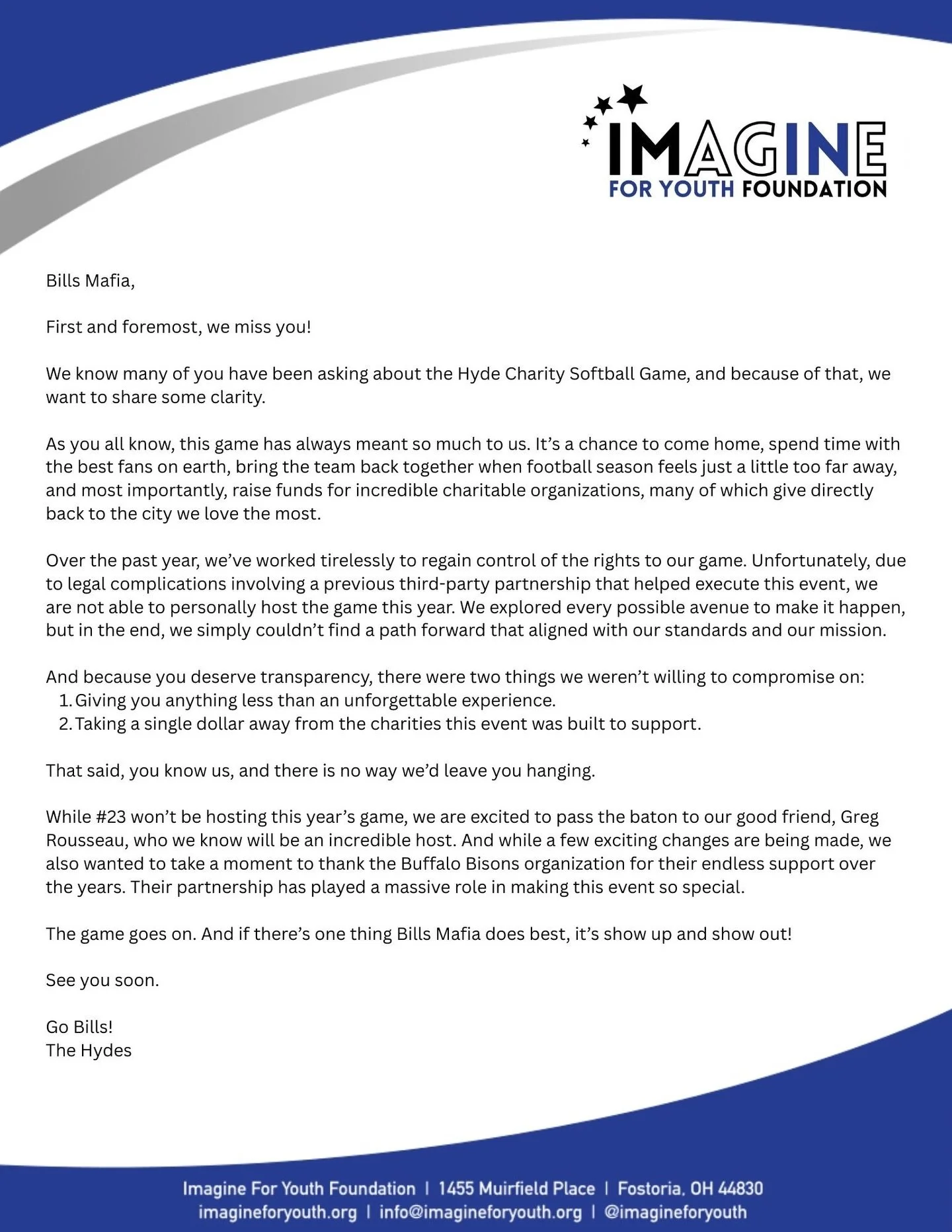 Please see the message above from Micah and Amanda Hyde.