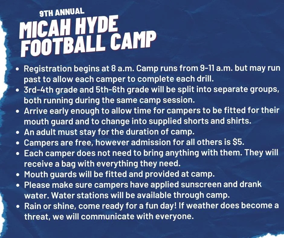 It&rsquo;s camp week! Here are a few things to keep in mind for June 6. 🏈

📢 Timing update 📢
Camp may extend past 11 a.m. to make sure all campers have the opportunity to complete each drill. Camp will be completed before 12. If your camper needs 