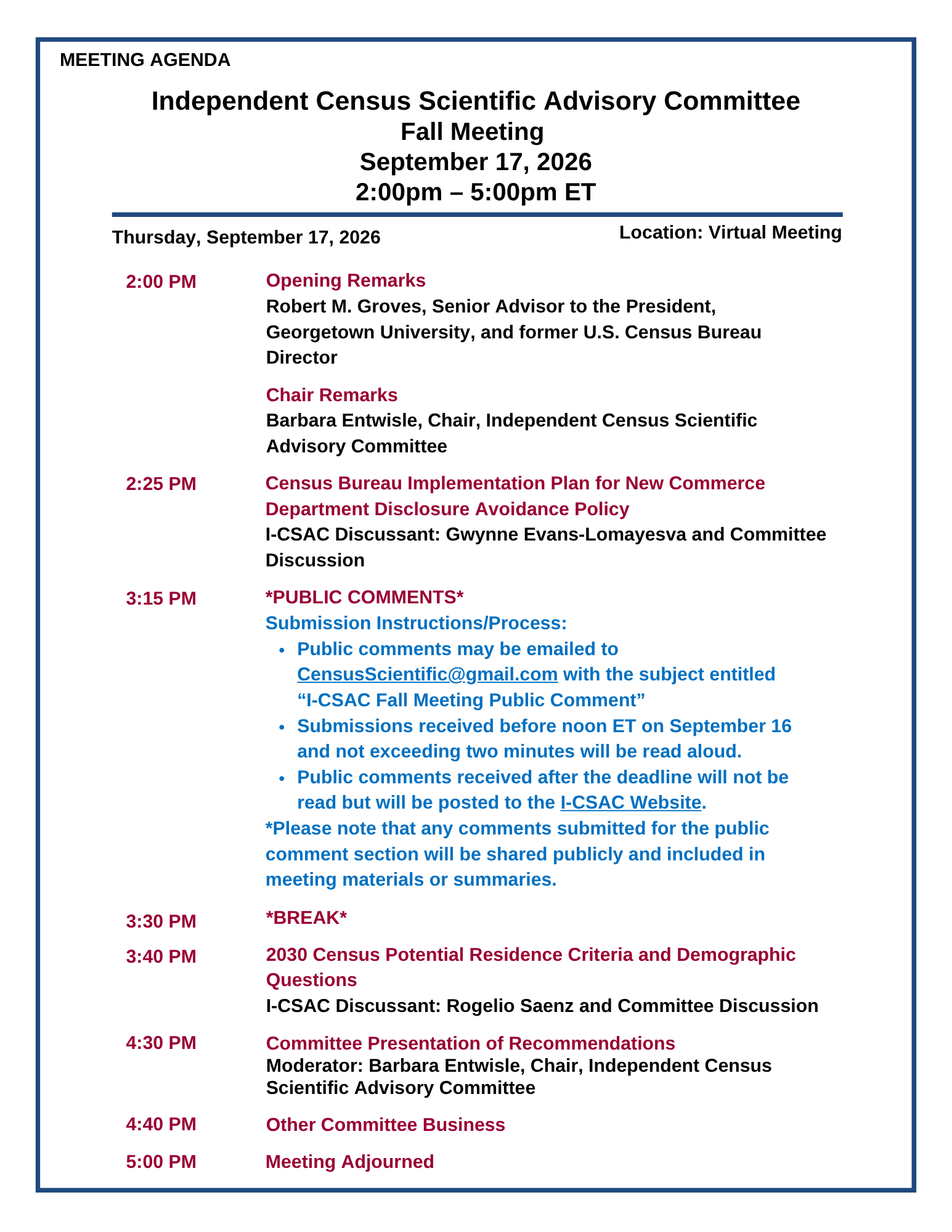 Agenda for the Fall 2026 I-CSAC meeting