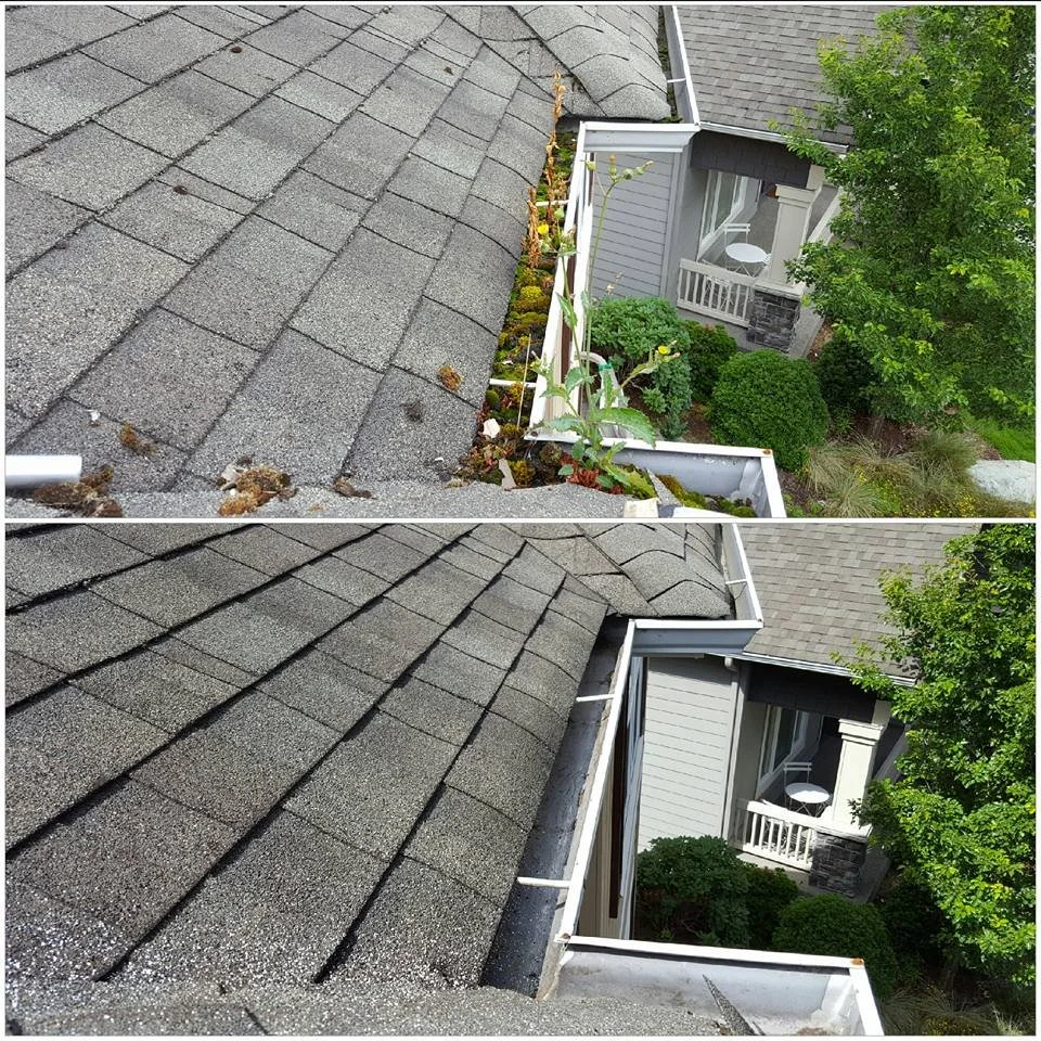 Comparison of a roof gutter filled with debris and moss in the top image, and clean in the bottom image.