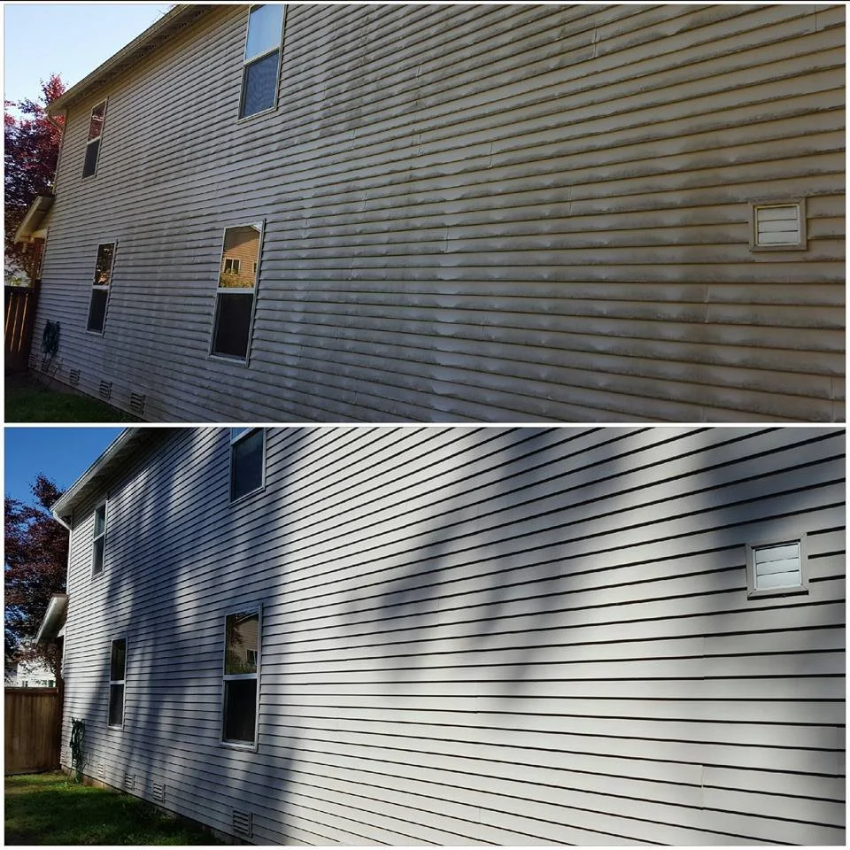 Comparison of house siding before and after cleaning or repair. The top shows dirty, stained siding, and the bottom shows clean, restored siding.