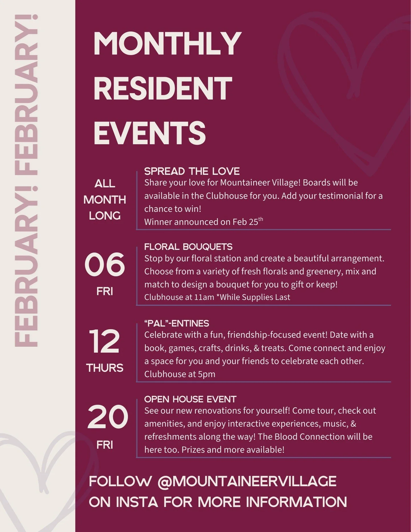 Will you be our Valentine? Join us this month for some lovely events centered around our favorite Valentine, you! 

#boonenc #appstate #mountaineervillage #studentliving #events