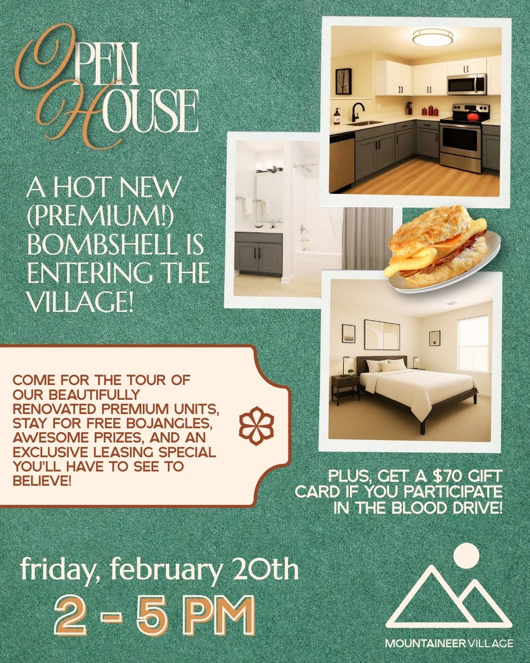 I bet we had you at the free Bojangles! Stop by Mountaineer Village tomorrow, February 20th @ 2 pm and see the future of our apartments (and your future home!) in the grand debut of our premium model! Already signed for a standard 3x3? No problem! We
