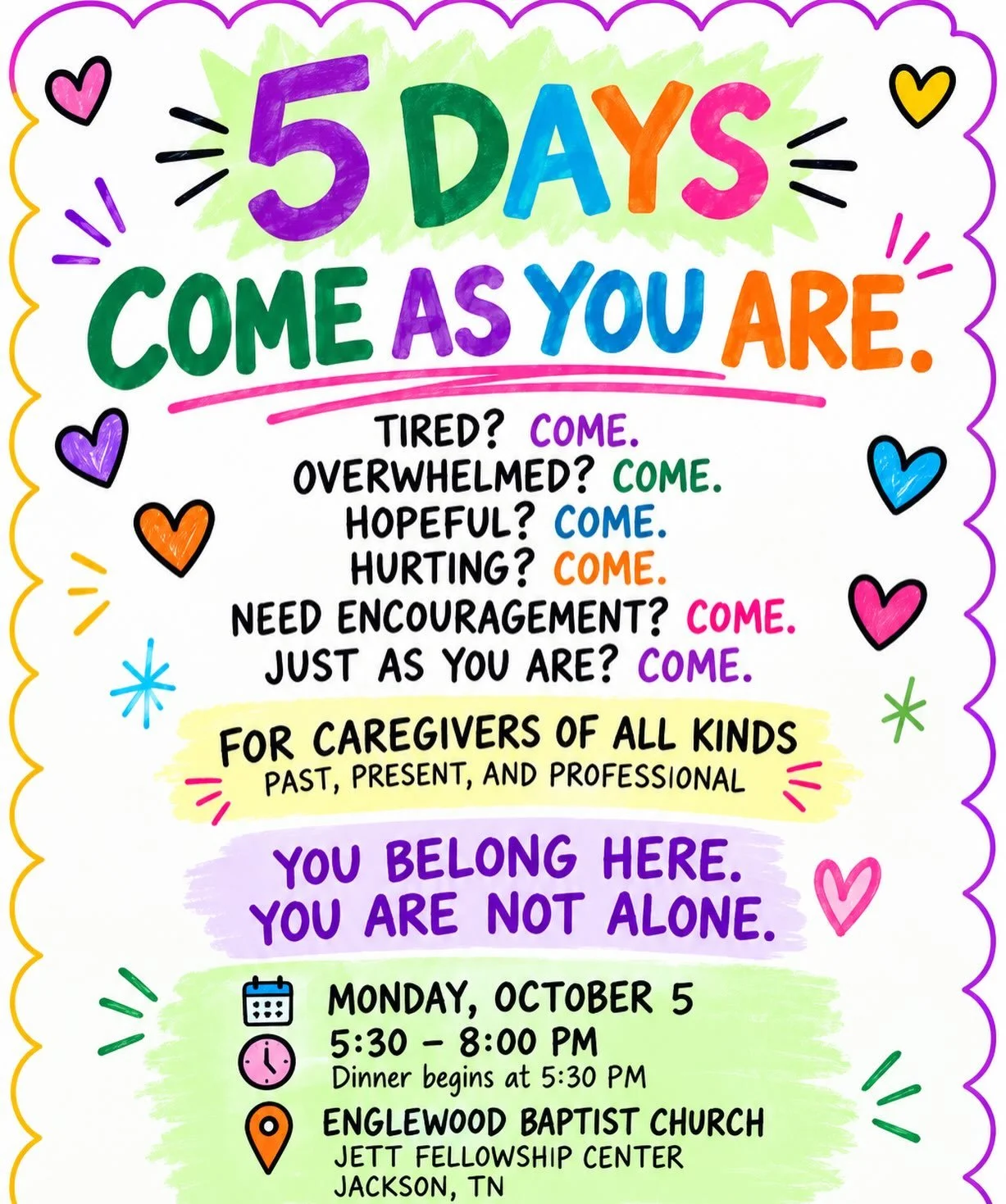 5 DAYS! 🤍

Come as you are.

For caregivers of all kinds &mdash; past, present, and professional.

Join us for an evening of a good meal, connection, encouragement, resources, and small groups with people who understand.

📅 Monday, October 5
🍽️ Di