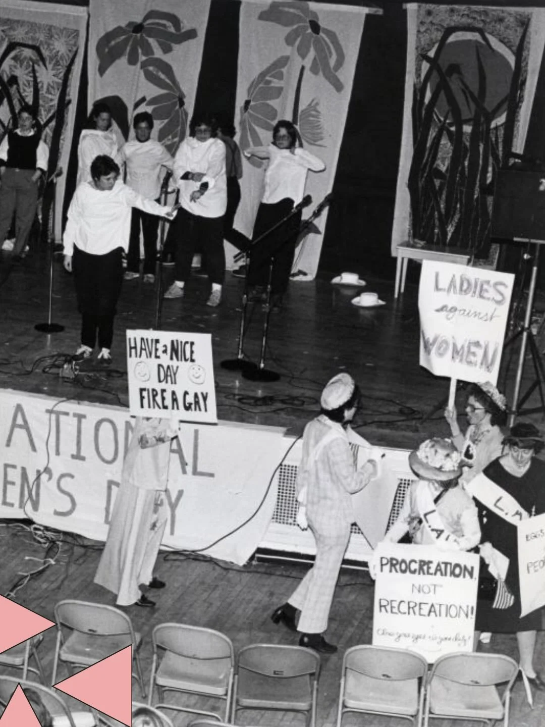 Ladies Against Women members dressed in flowery hats holding signs reading: &ldquo;Have a Nice Day, Fire a Gay&rdquo;, &ldquo;Ladies Against Women&rdquo;, and &ldquo;Procreation not Recreation, close your eyes and do your duty!&rdquo;, stand in front