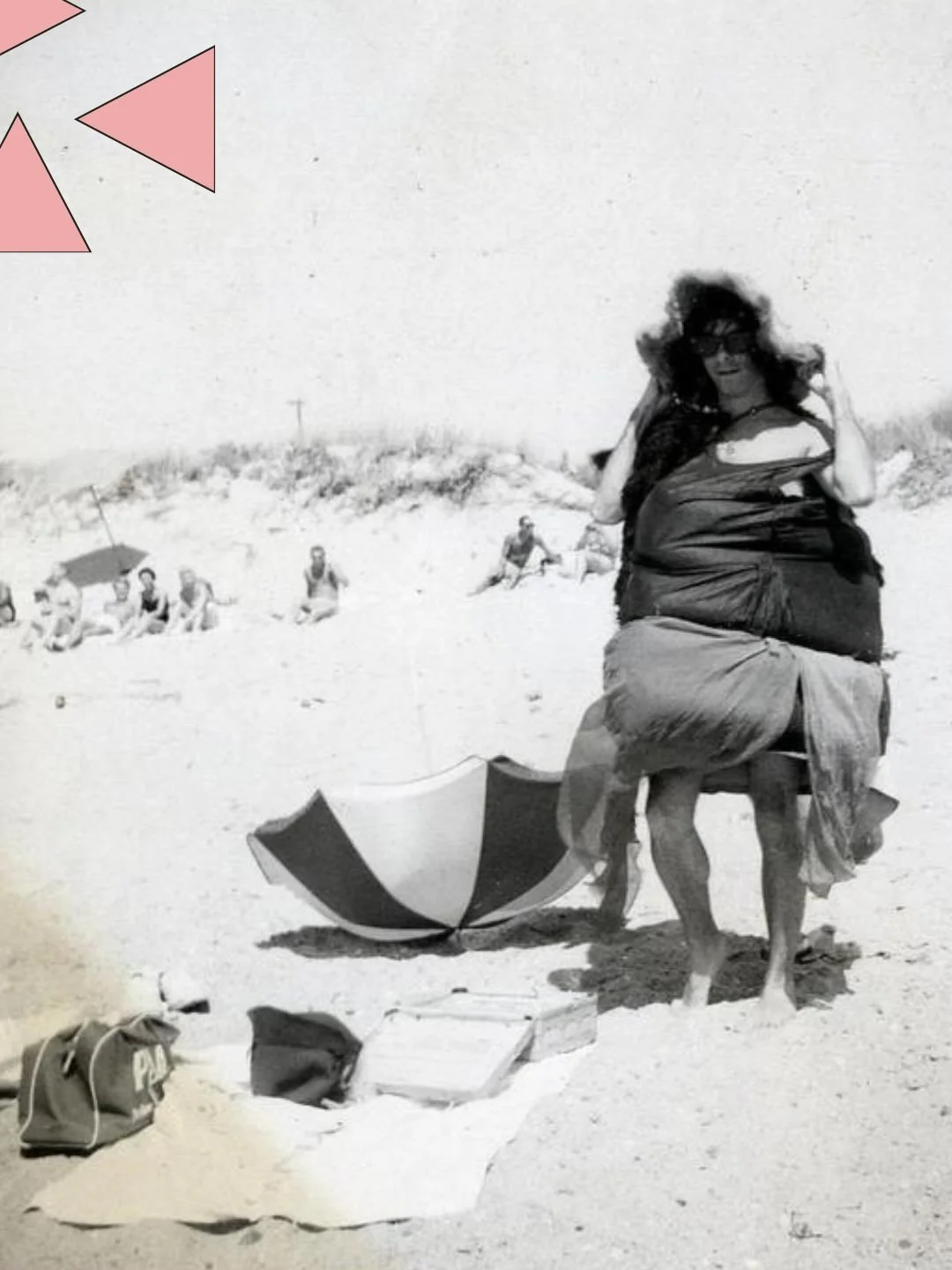 Throwing shade, literally! A man wearing a hat and a billowing home-made outfit or costume on the beach in Provincetown, Mass., circa 1950s.

This photograph is part of the George Chapin Scott and Edward F. Bernier Collection. Check it out at history