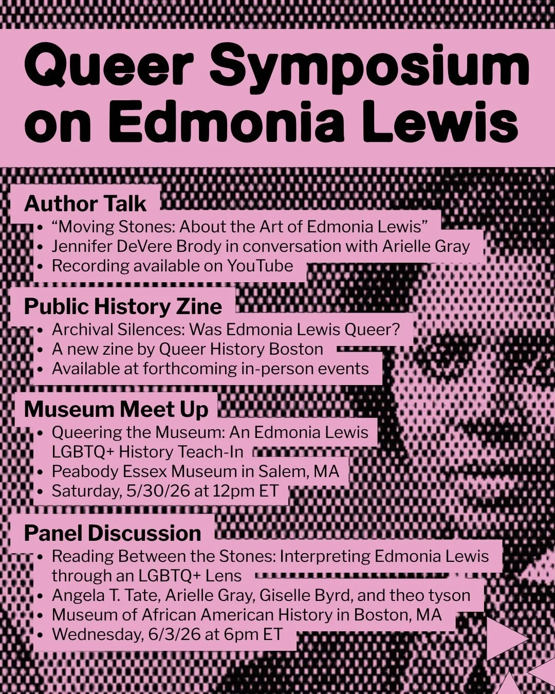 Lots to say about our queer hero Edmonia Lewis!

Join QHB for the full Queer Symposium on Edmonia Lewis!
- Watch the Author Talk on YouTube
- Pick up the Zine at an event
- Meet-Up at @peabodyessex 
- Join us for a Panel at @maahmuseum 

See you ther