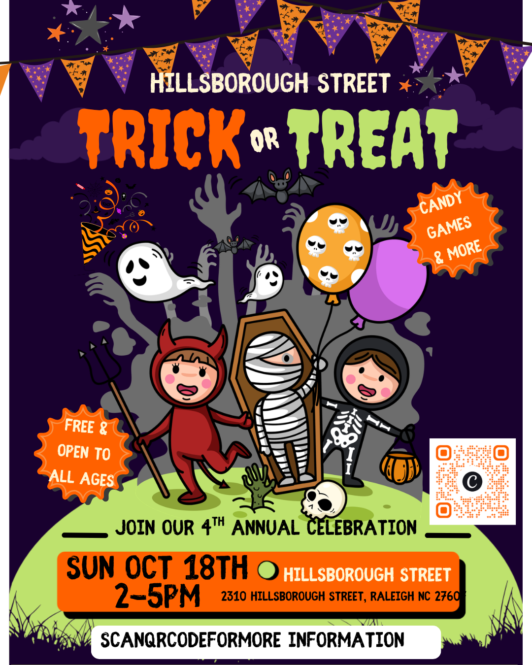 A colorful Halloween-themed flyer advertising Hillsborough Street Trick or Treat event on October 18th, 2-5 PM, on Hillsborough Street, Raleigh, NC. Features cartoon children in costumes, ghosts, bats, pumpkins, skulls, balloons, and decorative banners.