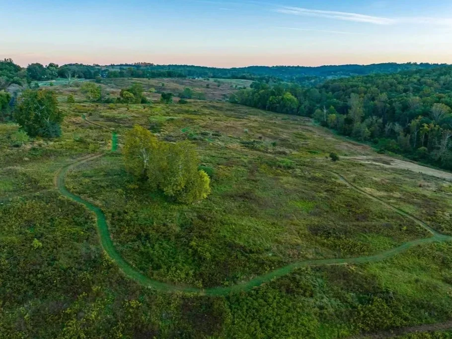 Aerial view of a winding trail through a green, partially wooded hillside with trees, bushes, and open land under a blue sky.