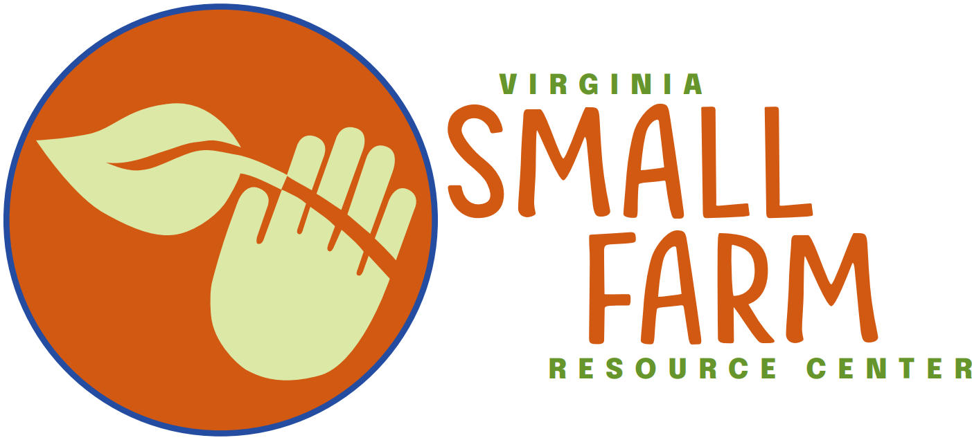 Logo for Virginia Small Farm Resource Center featuring a stylized hand holding a leaf within an orange circle.