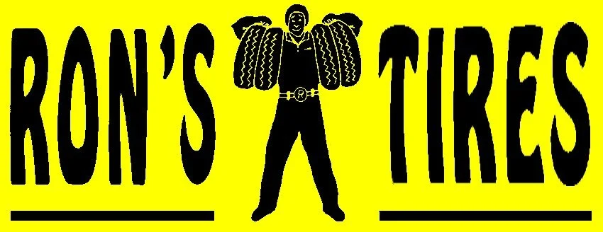 Logo for Ron's Tires featuring a person holding four tires, two on each shoulder, with the text 'RON'S TIRES' in bold black letters on a yellow background.
