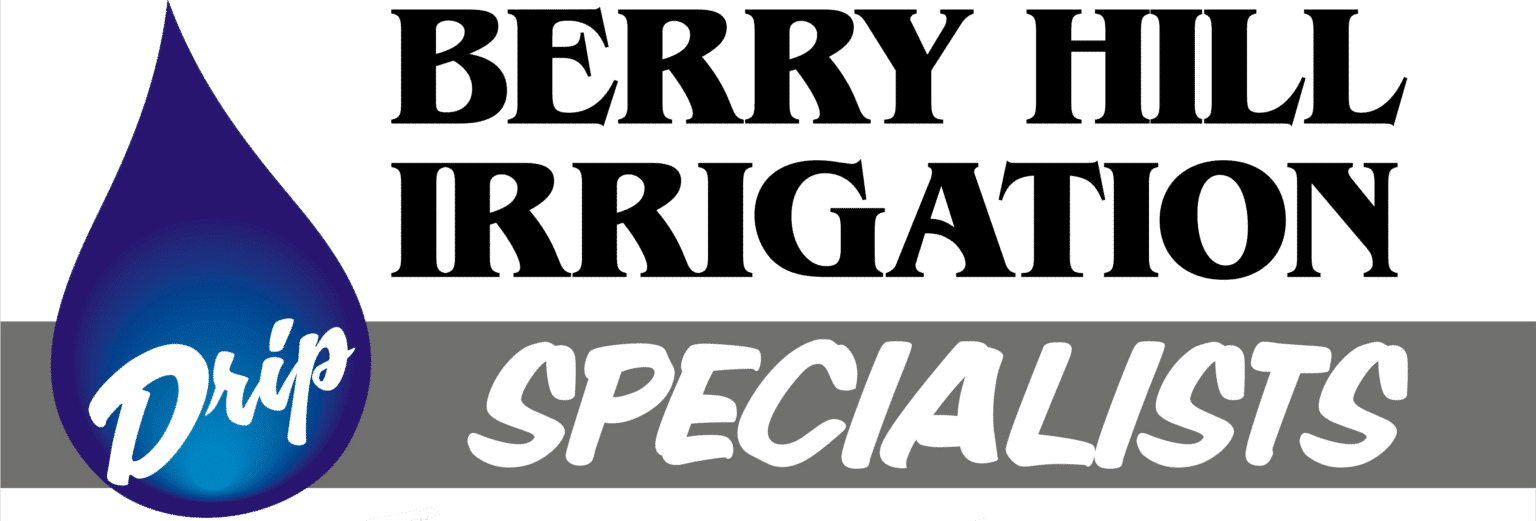 Logo with a blue water droplet and white text saying "Drip Specialists" on a gray banner, and black text saying "Berry Hill Irrigation" in the background.