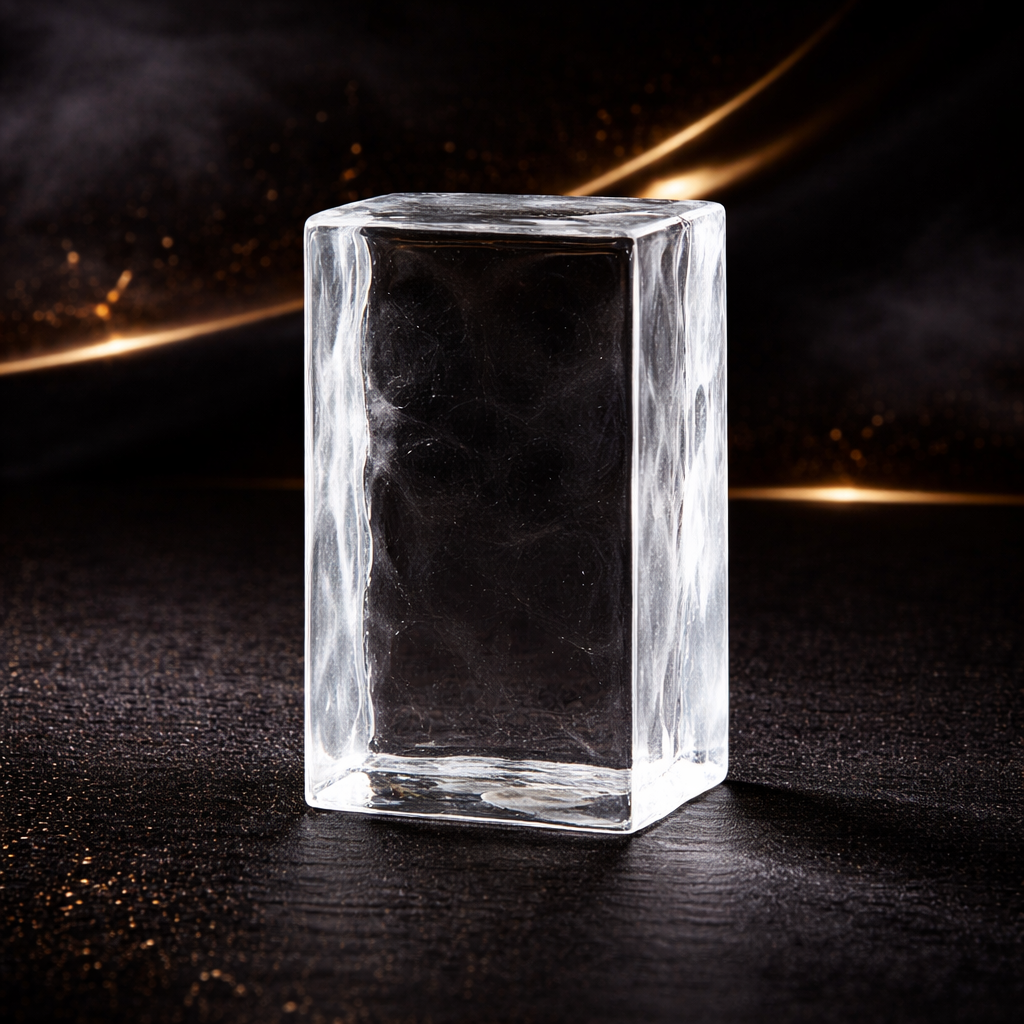 A clear, rectangular ice cube on a dark surface with a dark background featuring golden light streaks and specks.