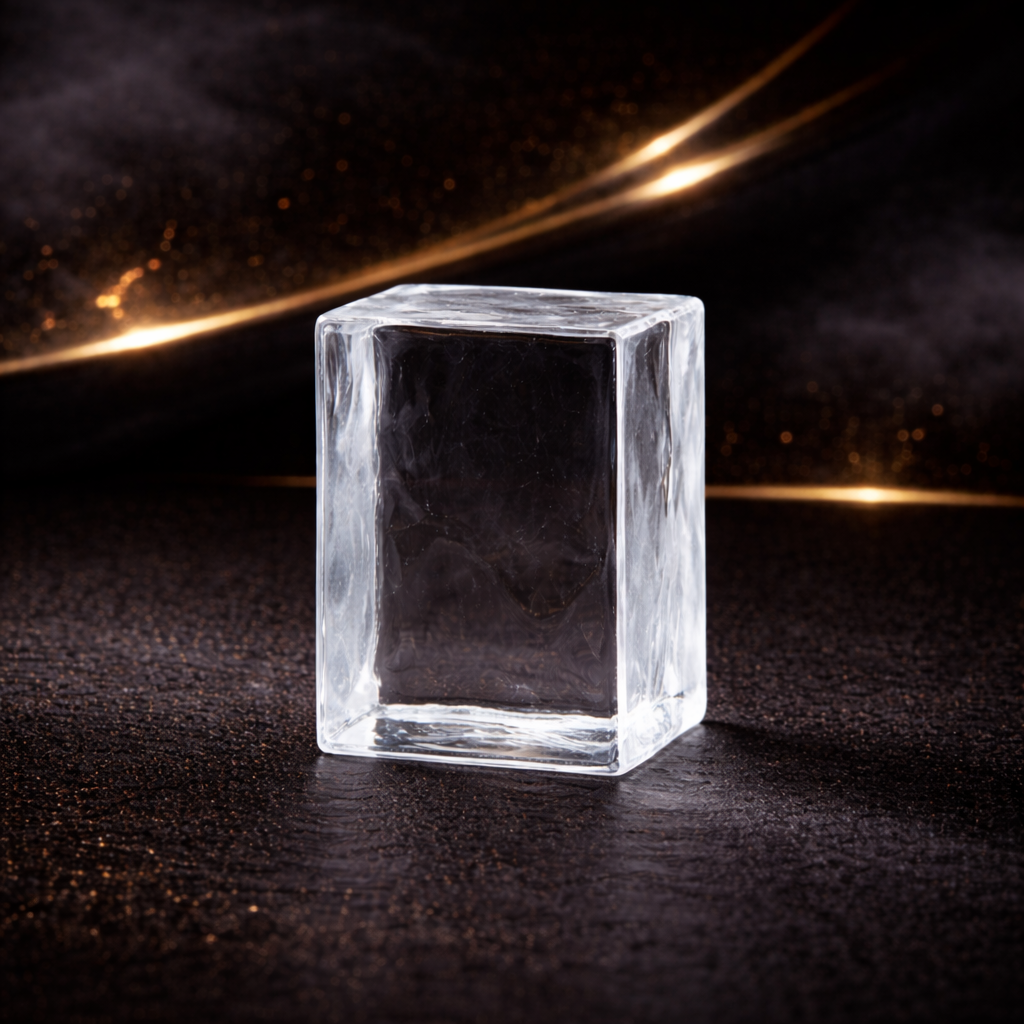 A clear ice cube on a dark, textured surface with a cosmic or starry background.