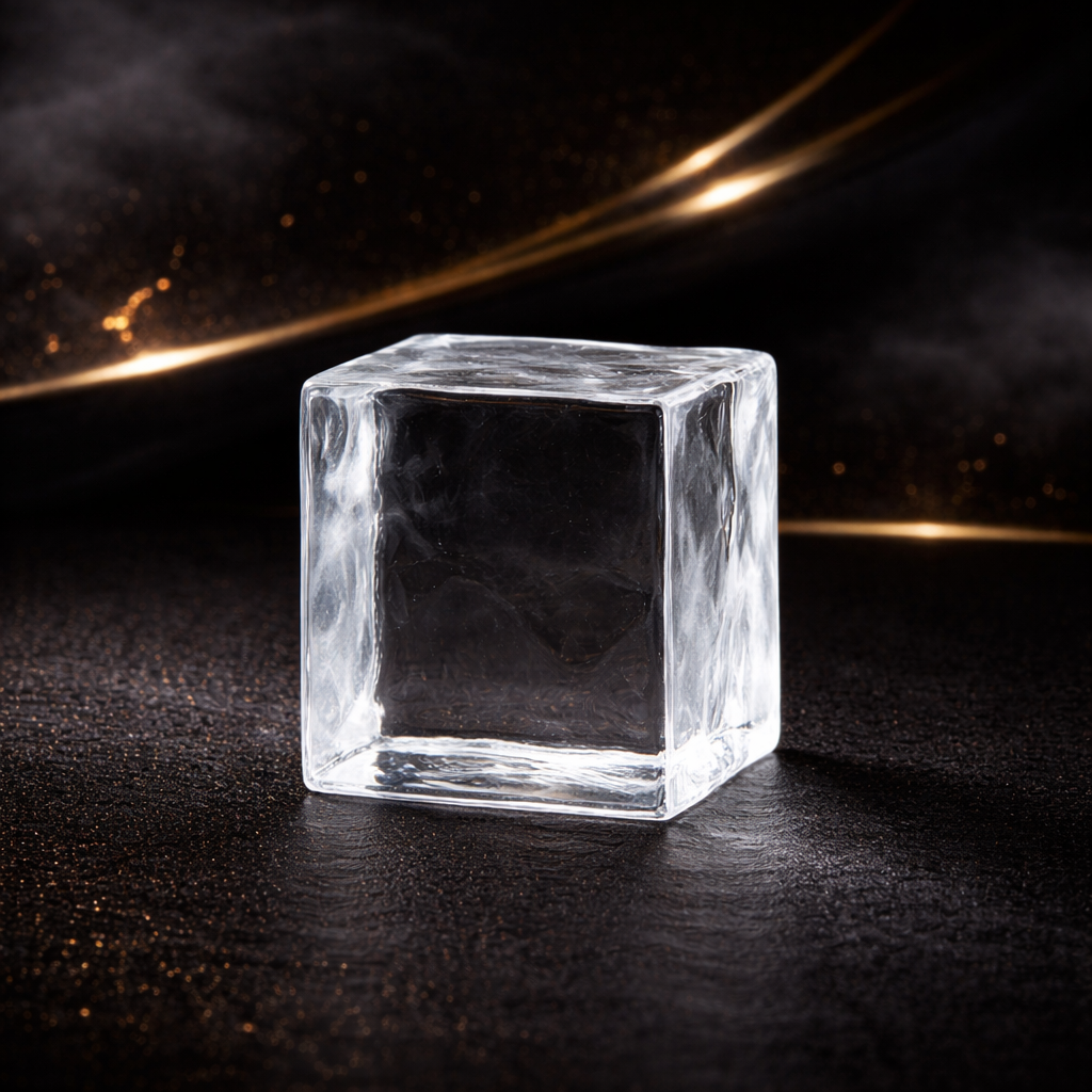 A clear ice cube sitting on a dark textured surface with a black background and gold streaks.