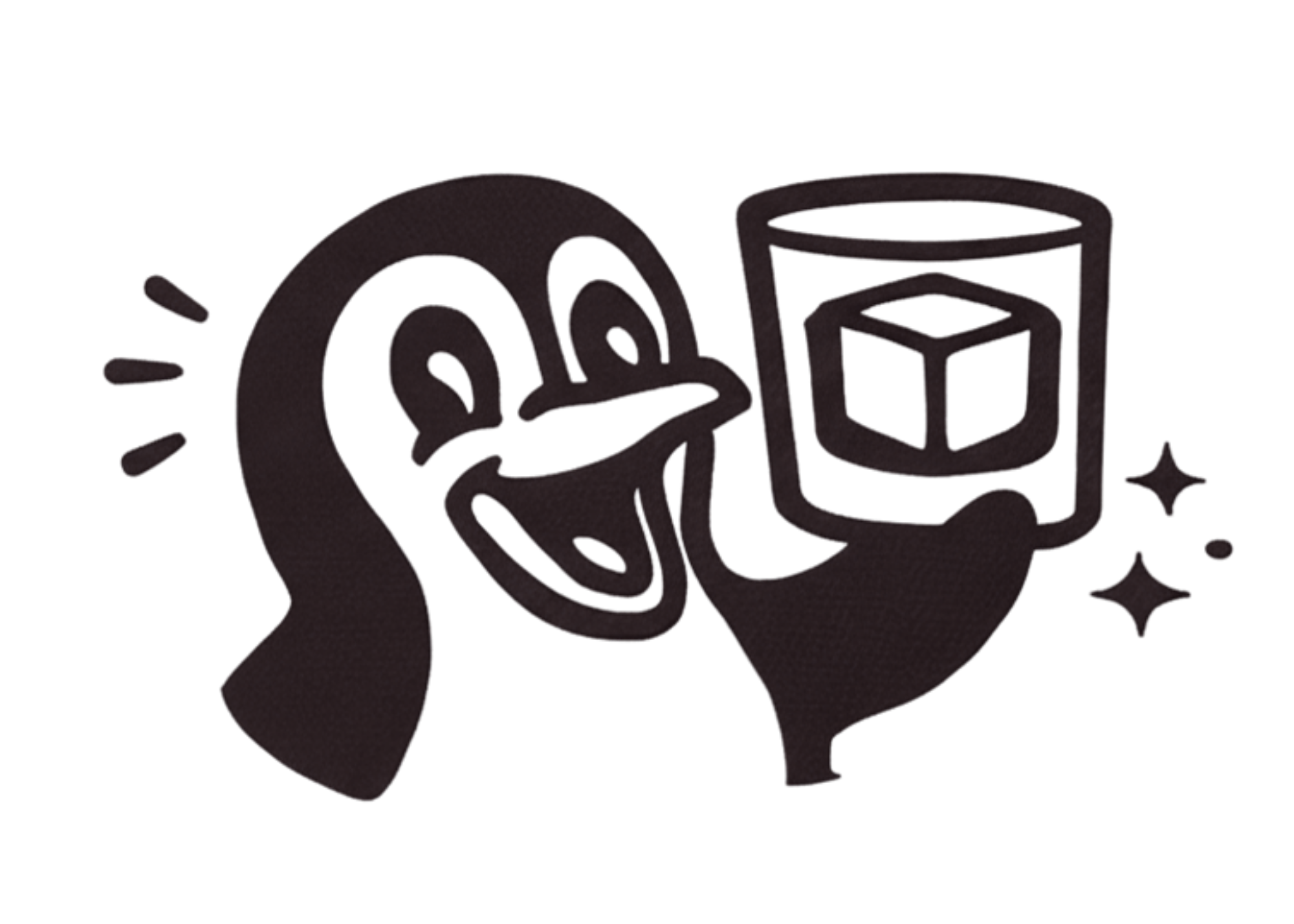 A black outline drawing of the Cold Standard Ice Co penguin mascot holding a cocktail with a sparkle next to the glass.