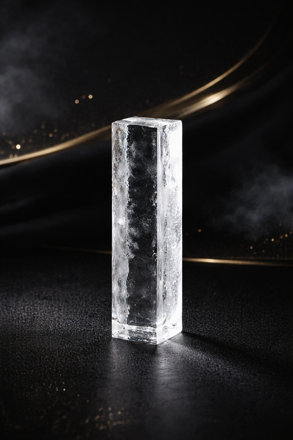 A clear ice cube standing upright on a black surface against a dark background with gold accents.
