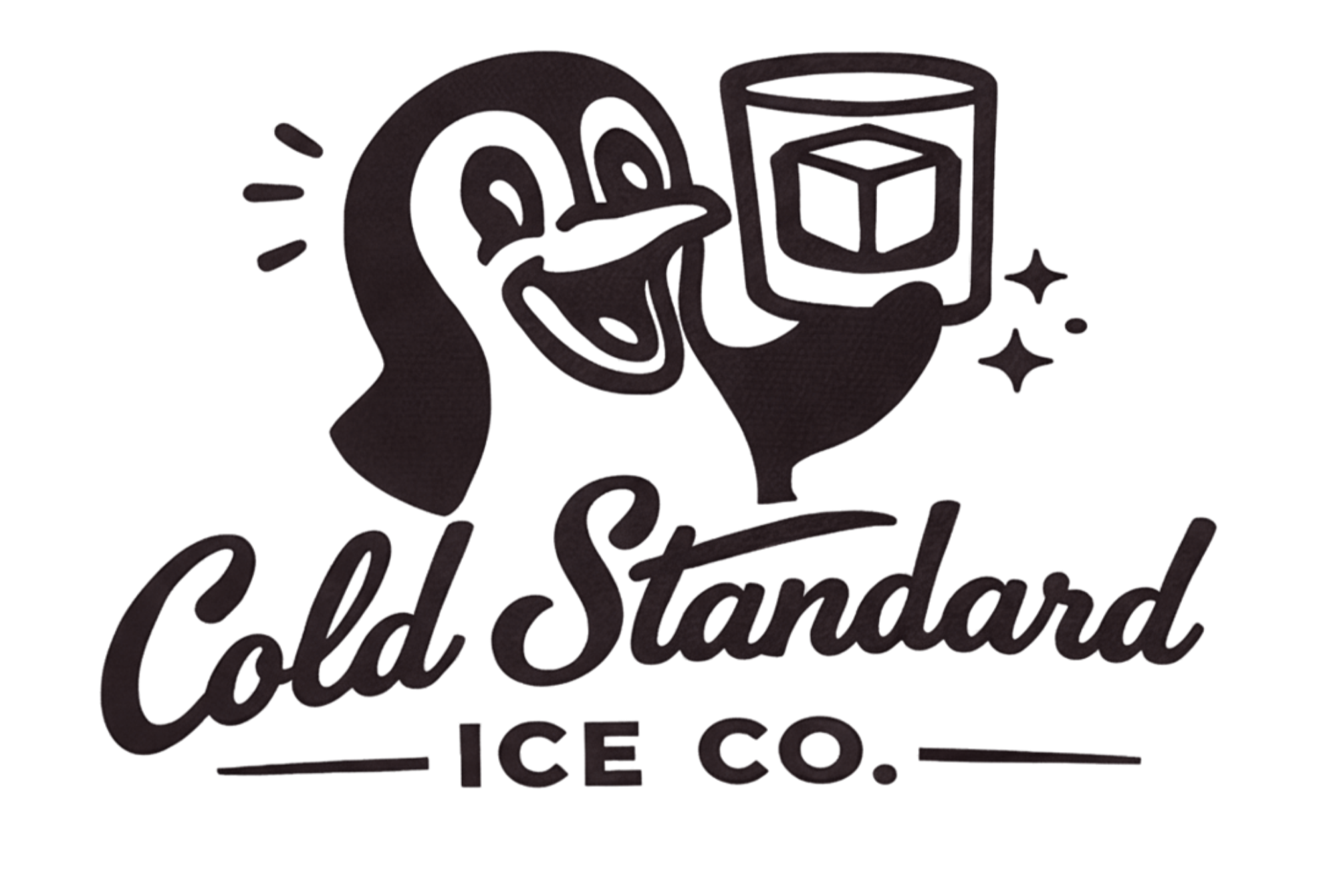 A logo featuring a cartoonish penguin holding a cocktail with a sparkle next to the glass and the text 'Cold Standard Ice Co.' in a cursive font.