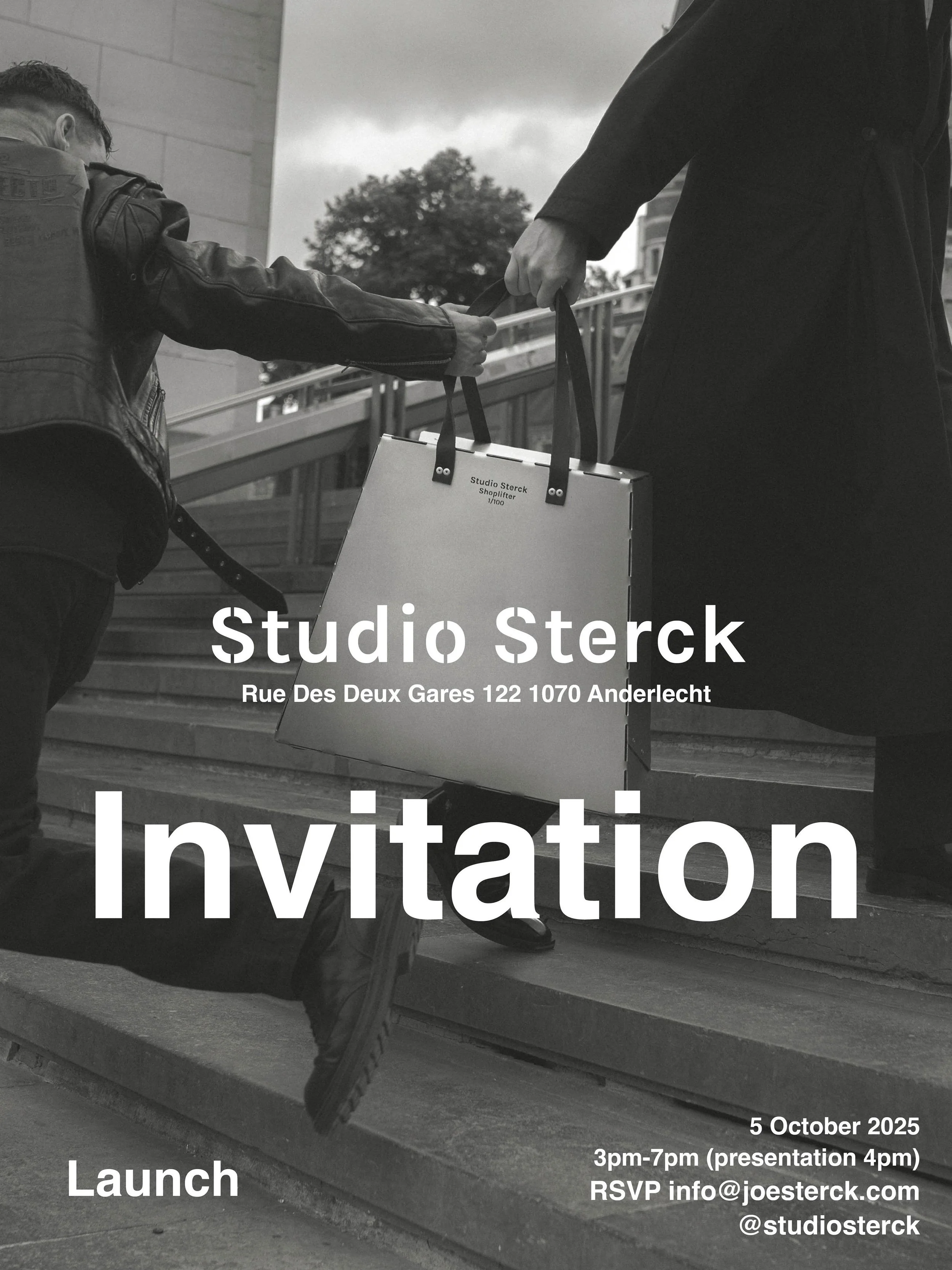 Black and white photograph of a child and an adult ascending stairs, passing a shopping bag between them, with building and trees in the background. Contact and event details overlaid for an invitation.
