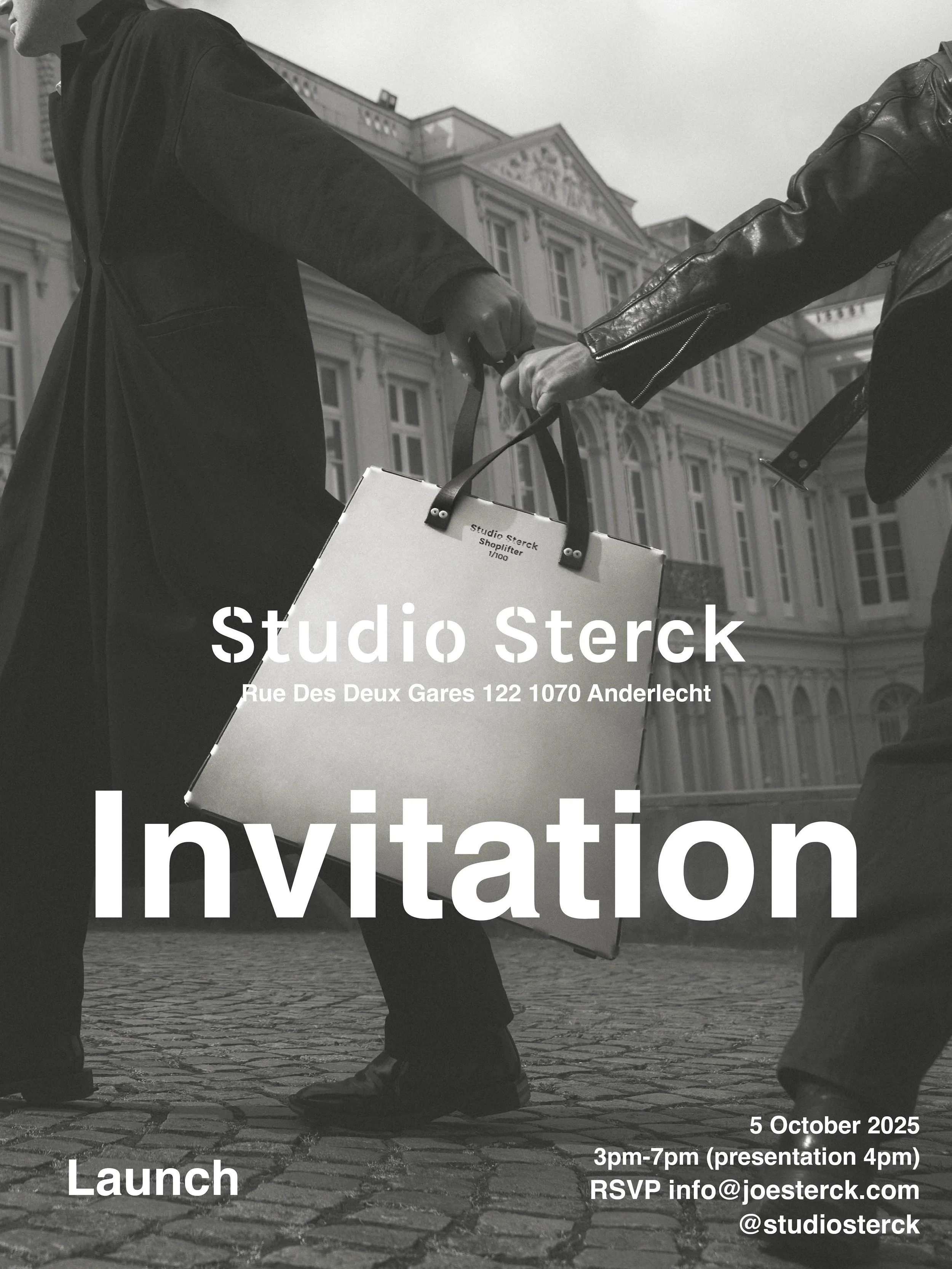 Black-and-white photo of two people shaking hands outdoors on a city street, with one person holding a large shopping bag, and historic buildings in the background. Overlaid text includes details about an event invitation.