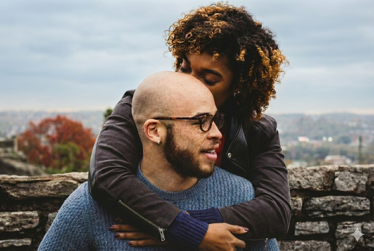 couple kissing after going to couples therapy for new parents in Irvine