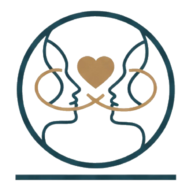 Illustration of two faces, one male and one female, facing each other within a circle, with a heart between them, symbolizing love or connection.