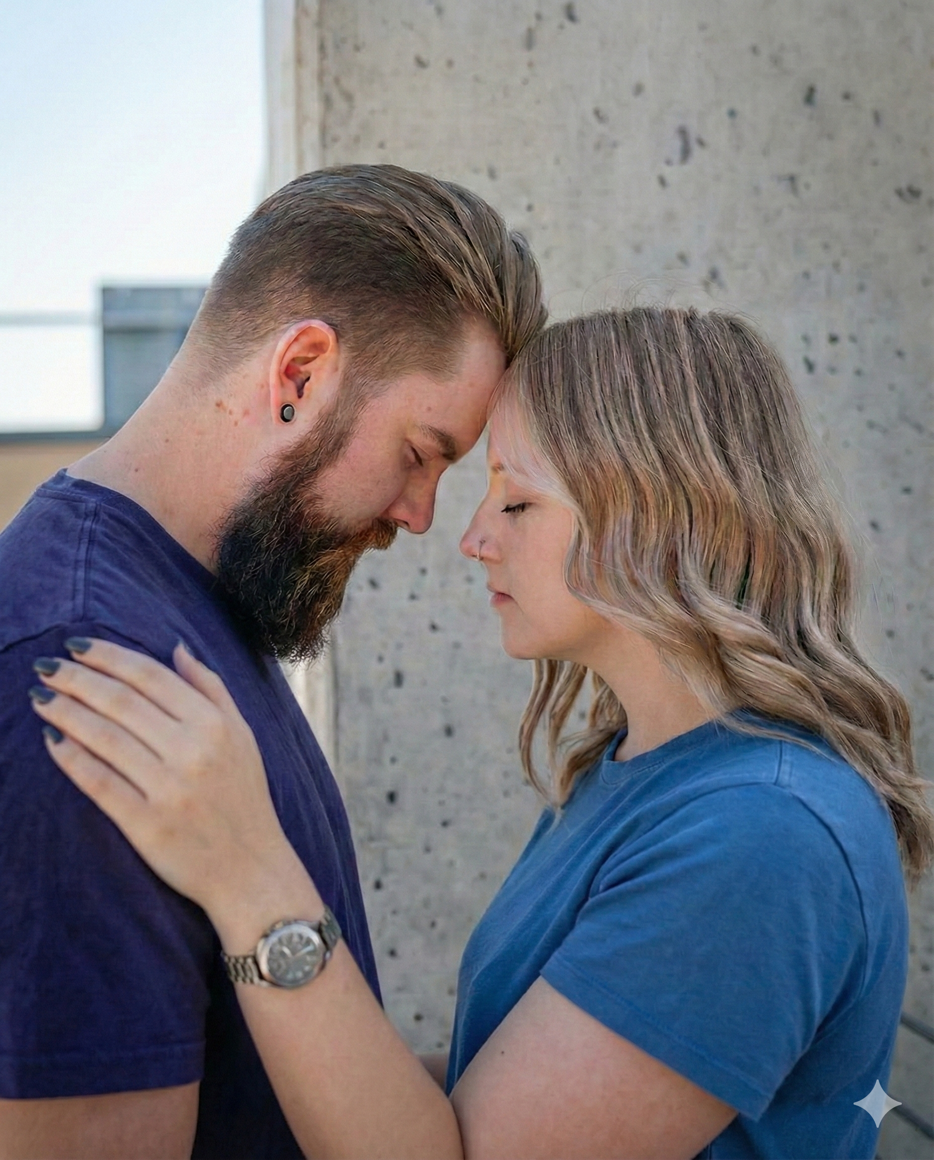 Karl Stenske Therapy, LMFT, Couple connecting wearing blue shirts