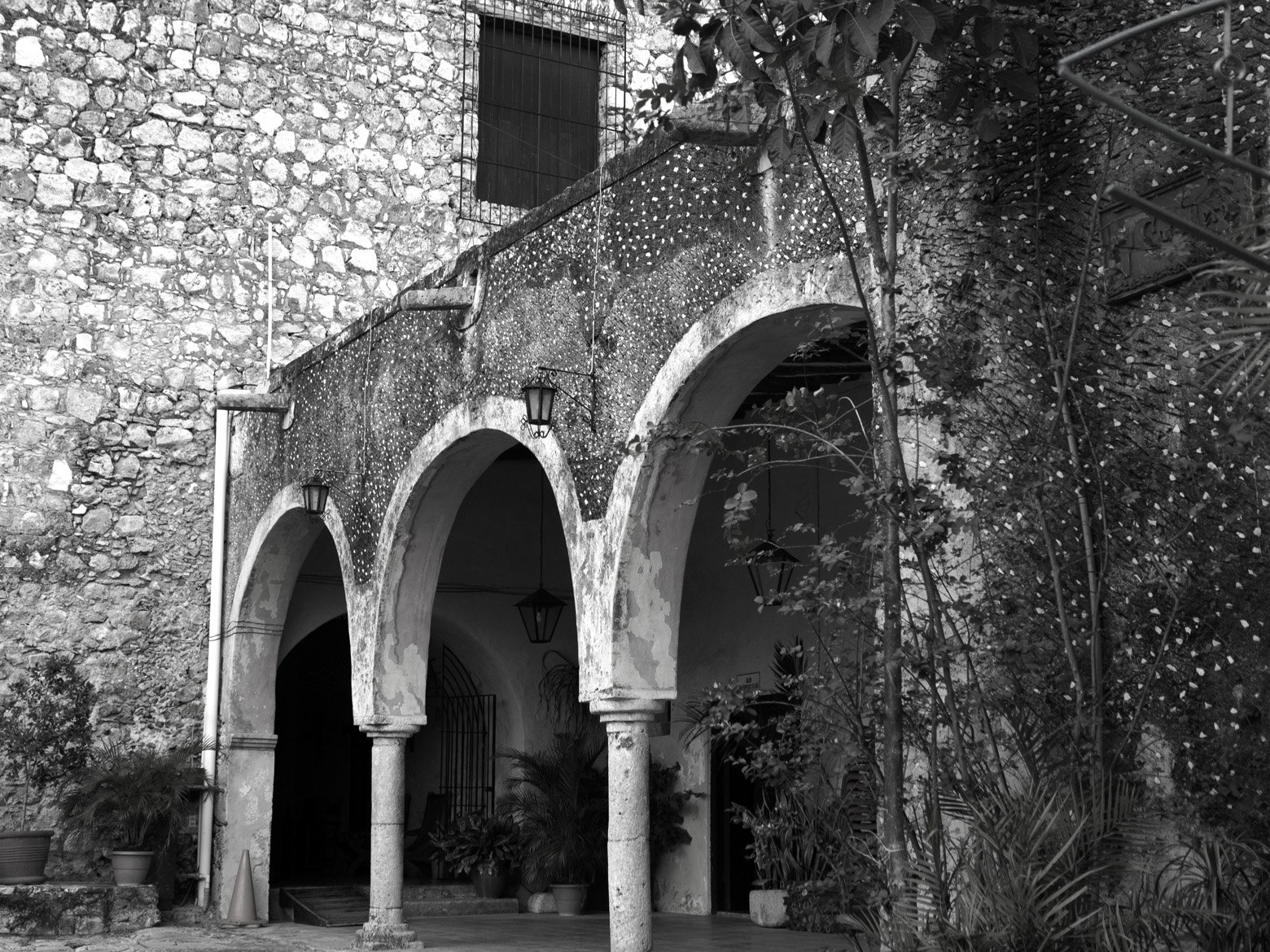 Arches and stone black and white photo