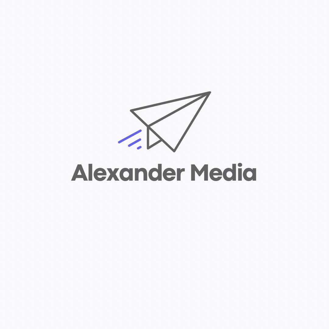 Logo for Alexander Media featuring a minimalist paper airplane icon with motion lines and the company name underneath.