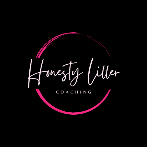 Honesty Liller Coaching logo with pink circular brush stroke on a black background.