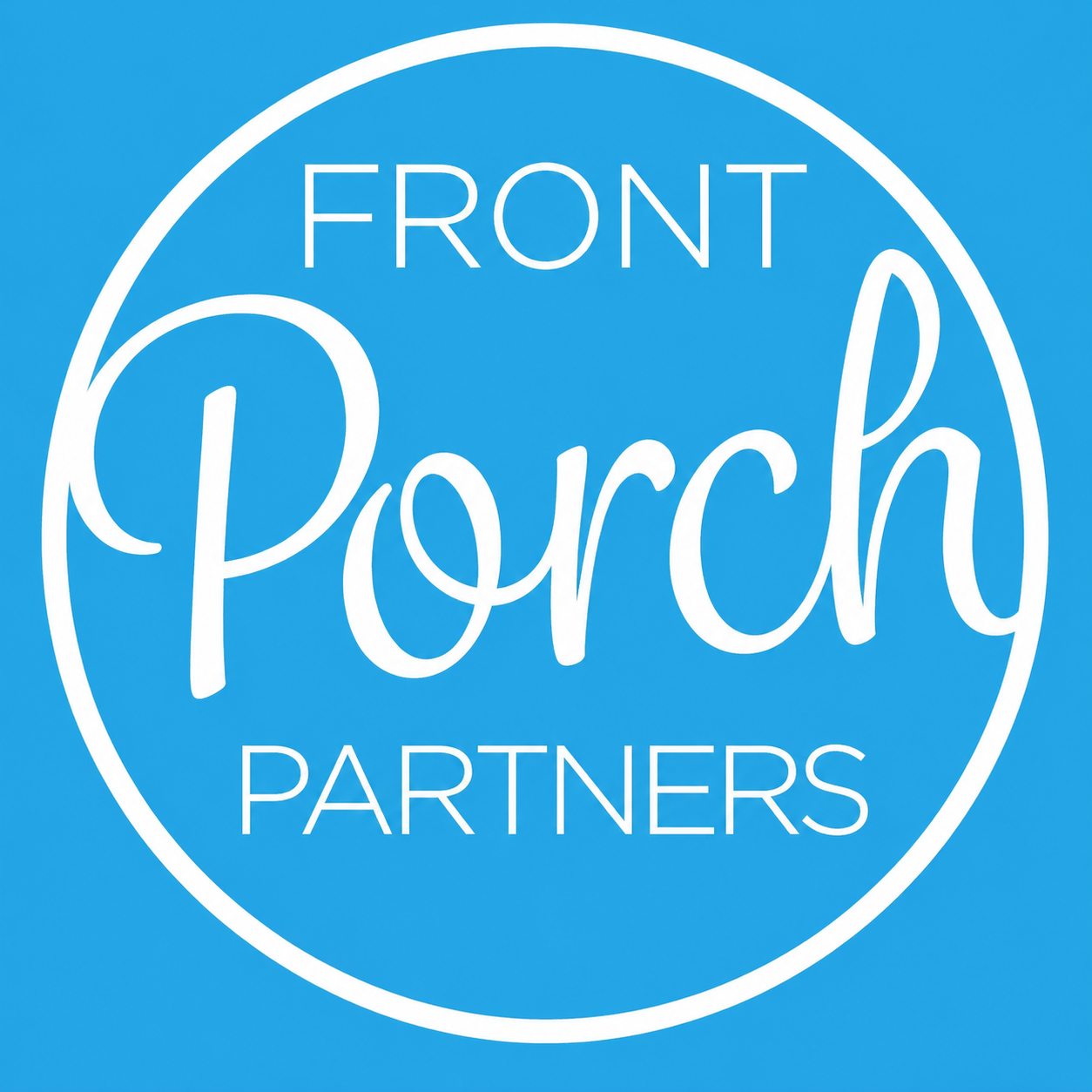 Blue circle with white text saying "Front Porch Partners" on a blue background.