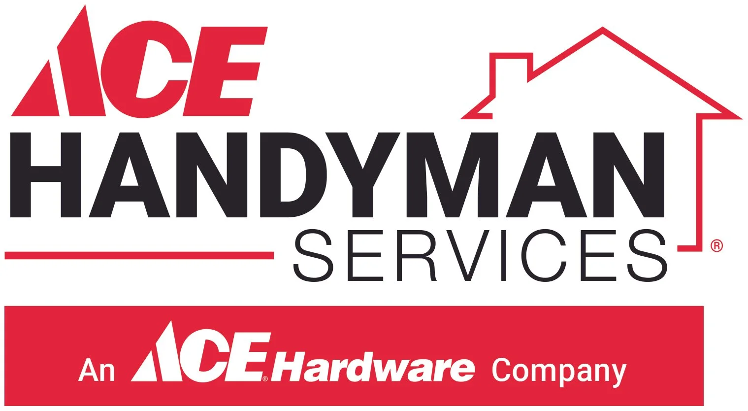 Logo for ACE Handyman Services, an ACE Hardware company, featuring red and black text, a stylized house outline, and the ACE Hardware logo in a red rectangle.