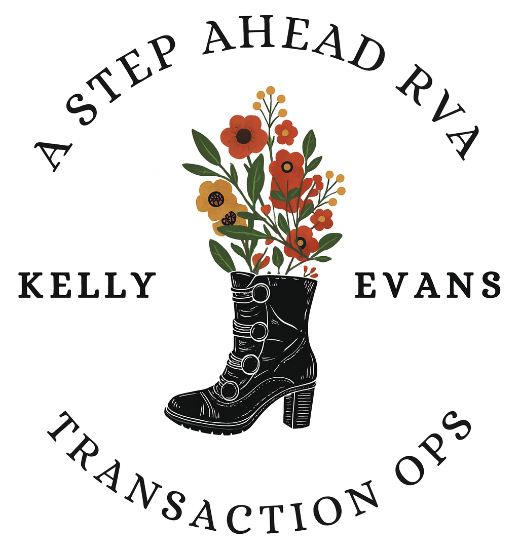 A circular logo with the text "A STEP AHEAD RVA" at the top, "KELLY EVANS" on the sides, and "TRANSACTION OPS" at the bottom. In the center, there is a black high-heeled boot with a flower bouquet emerging from it, consisting of red, orange, and yellow flowers and green leaves.