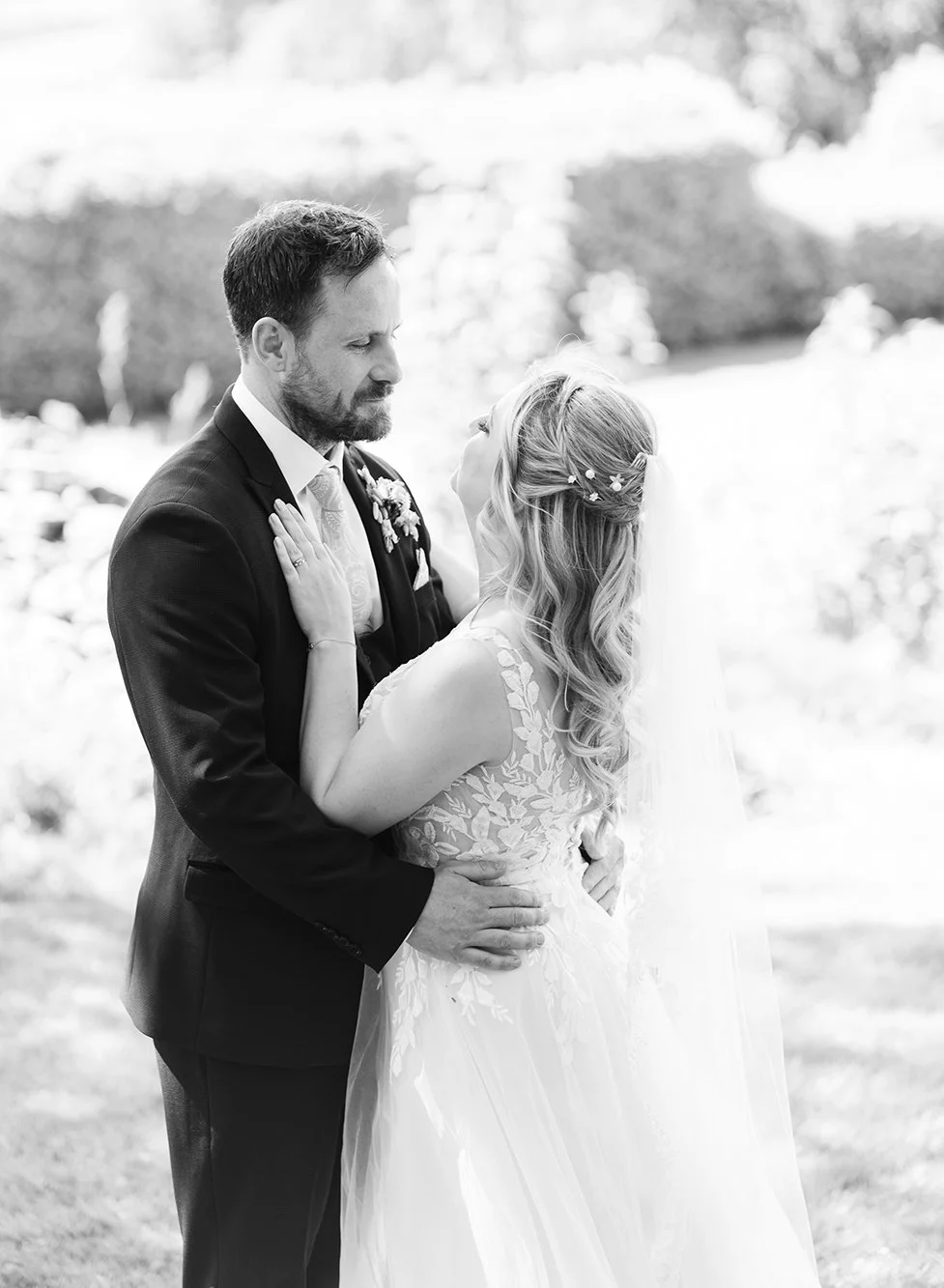 Black and white image of a wedding couple at Old Down Estate near Bristol