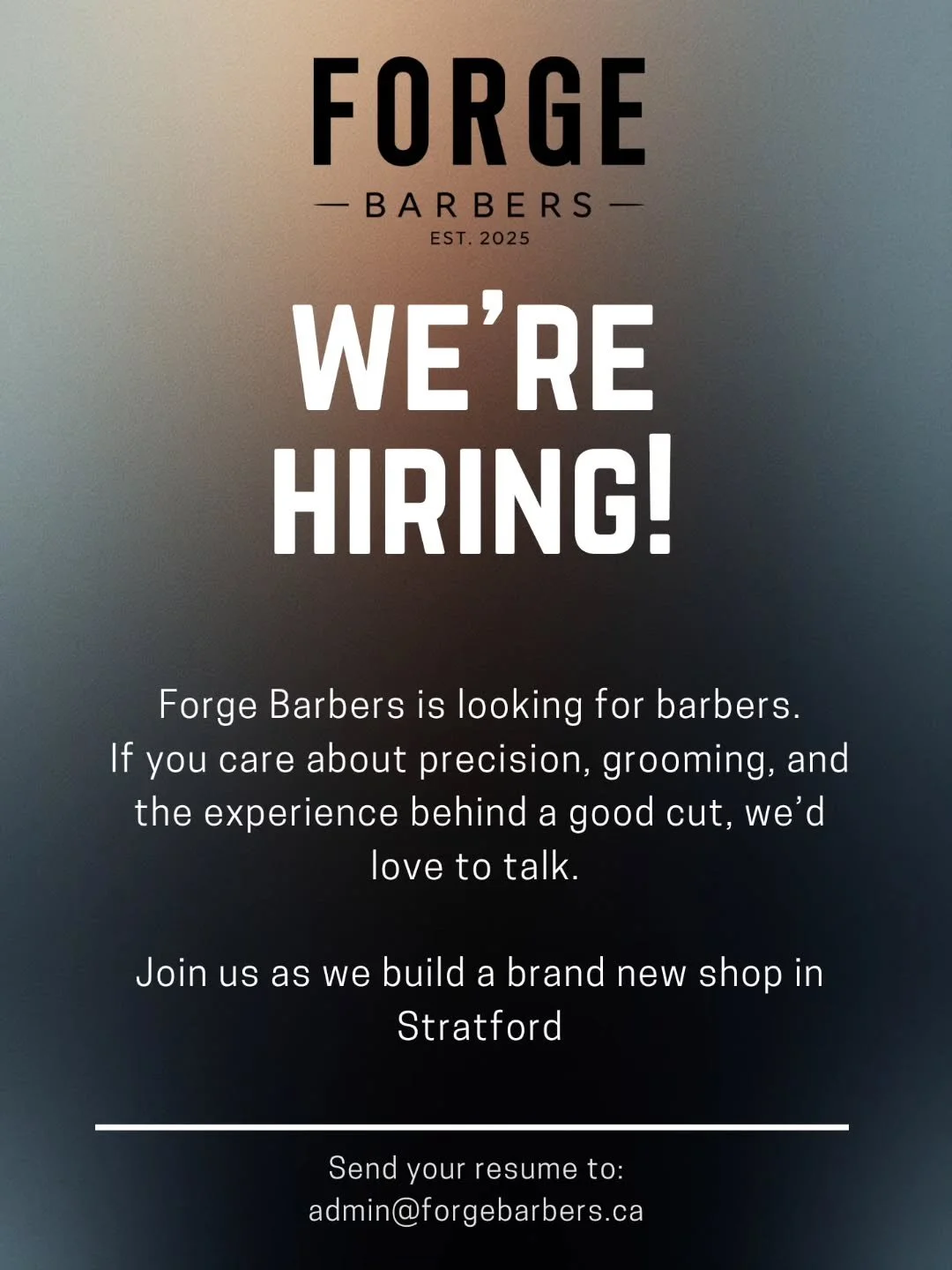 We&rsquo;re hiring!

Forge Barbers is looking for an experienced barber to join our team in Stratford, PE.

View the full job description here:

https://drive.google.com/file/d/1vaVjtlZ_c95FFSl_Zo9PV11jqqqnHU-i/view?usp=drivesdk

To apply, 

email: a