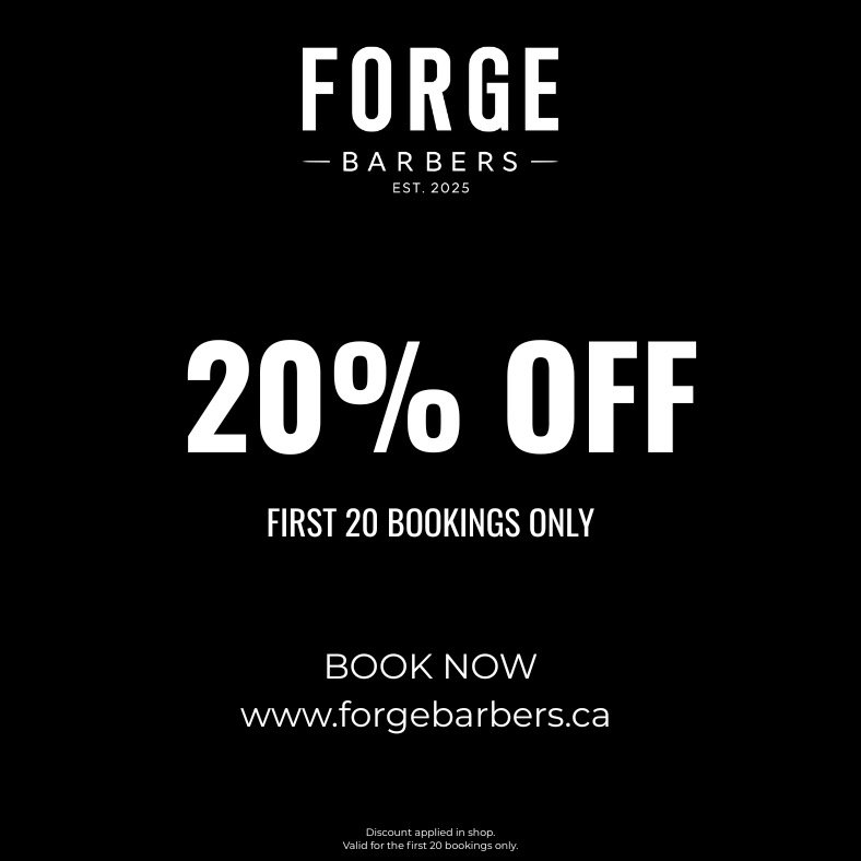 The Forge Barbers Website is officially live!
To celebrate, the first 20 people to book online will receive 20% off their appointment.
We open on March 17th and are excited to welcome clients to our new shop in Stratford!
Book your appointment here: 