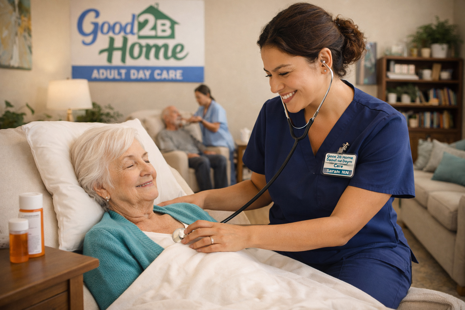 A nurse in blue scrubs is smiling while talking to an elderly woman in bed, using a stethoscope. The scene is in a care facility with a nurse badge reading 'Sarah NN'. In the background, another staff member is attending to an elderly man. A sign on the wall reads 'Good2B Home Adult Day Care'.