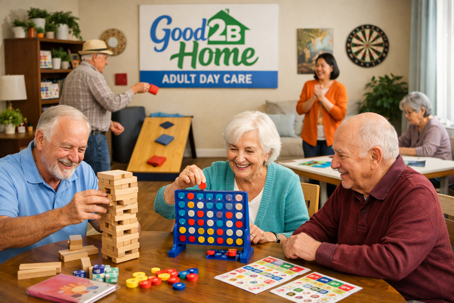 Senior adults playing Connect Four and Jenga at a community center with a sign that reads 'Good 2B Home Adult Day Care' in the background.