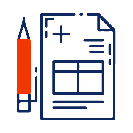 Illustration of a red and black pen and a document with a plus sign, lines, and three boxes, representing medical or healthcare documentation.